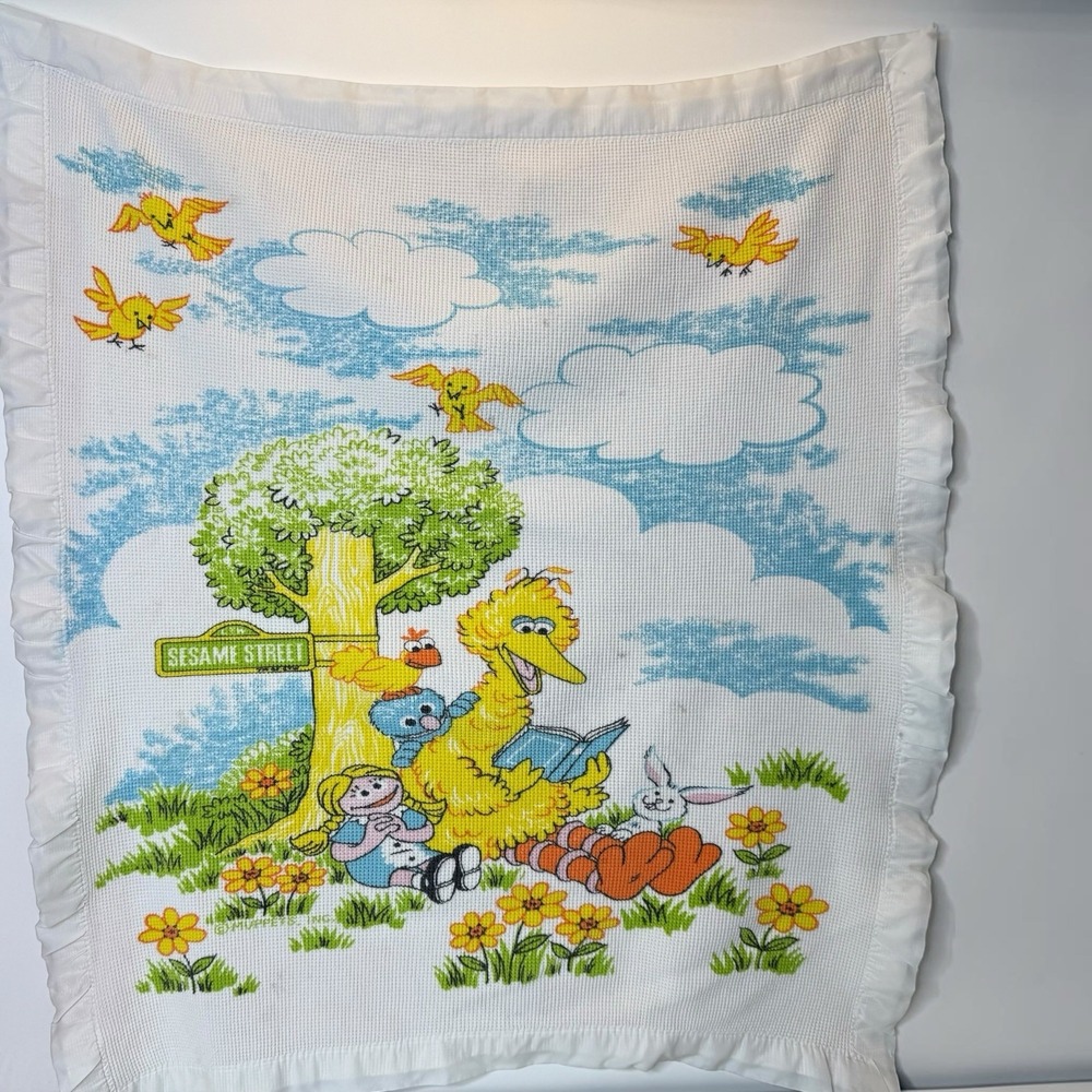 Vintage Sesame Street Baby Blanket Thermal Waffle Satin Trim Muppets Big Bird